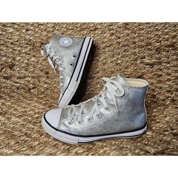 CONVERSE COATED SILVER GLITTER CHUCK TAYLOR ALL STAR KIDS Size 2 Hi Top - Picture 1 of 11